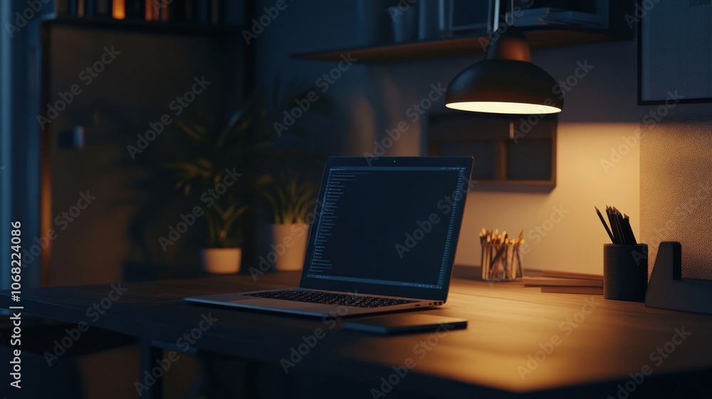 Poster close-up desk setup with open laptop screen mockup