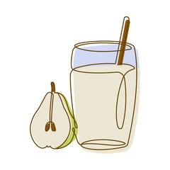 Fresh Pear Fruit Juice Smoothies Healthy Drink in Glass with Line Art Design