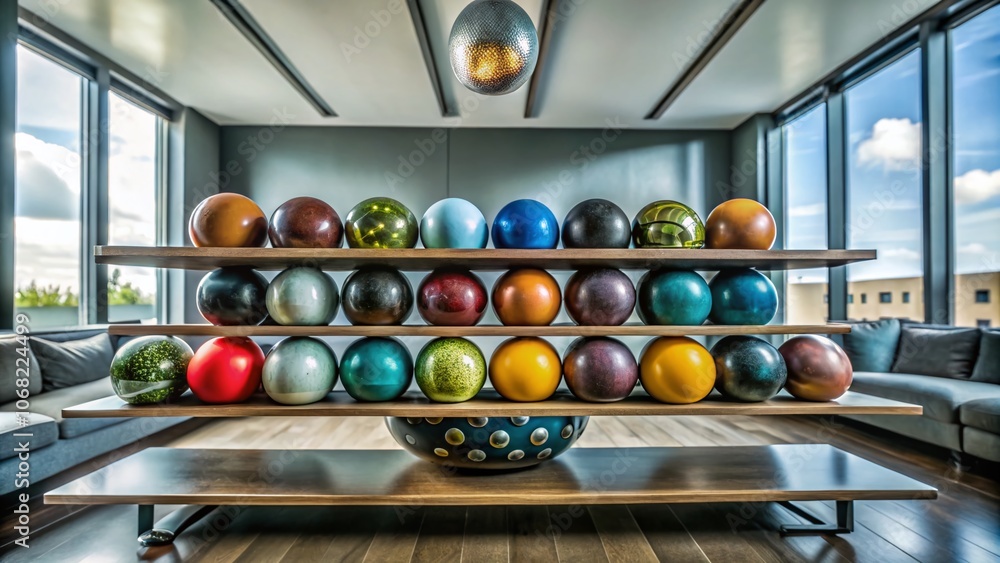 Poster aerial view of a unique bowling ball shelf displaying a variety of colorful bowling balls in a conte