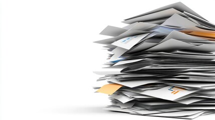 a stack of business reports with charts and graphs, financial documents, close-up of paperwork, isolated on white background