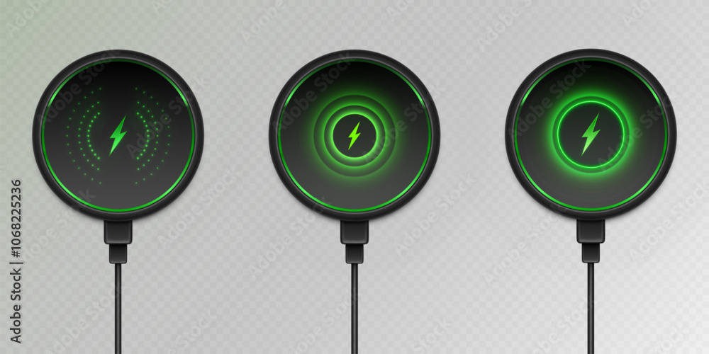 Poster round wireless chargers with illuminated neon green lightning symbols and rings on transparent backg