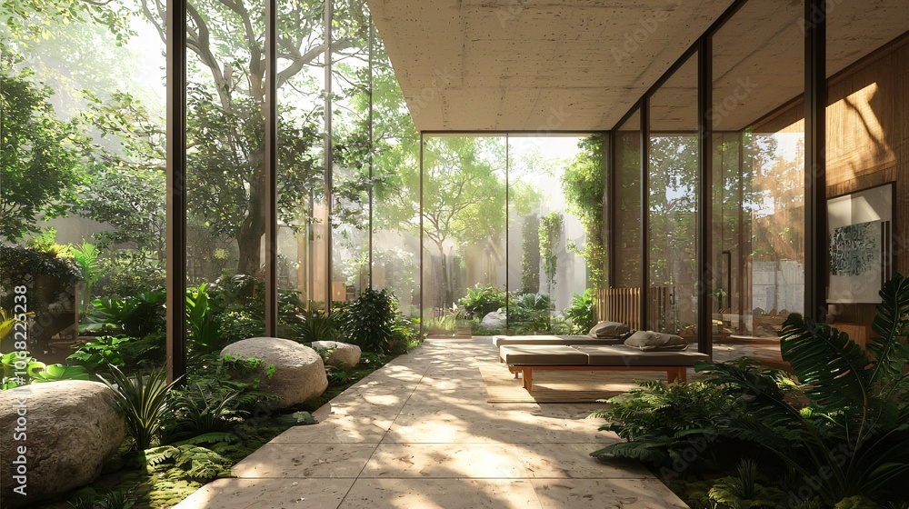 Poster designing a tranquil architectural space for chronic condition management integrating nature and com