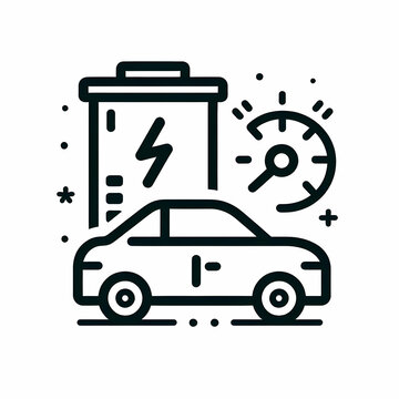 recommend clip art: Battery symbol and fuel gauge icon with car outline on white background concept as A car icon outline with a battery symbol and fuel gauge beside it in black and white. This isolated vector is suitabl