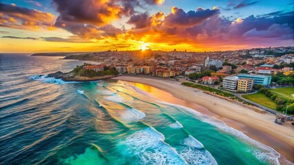 Fototapeta premium Aerial View of Bondi Beach at Sunrise with Vibrant Colors, Waves, and Sandy Shores Capturing the Essence of Coastal Fashion Photography and Natural Beauty