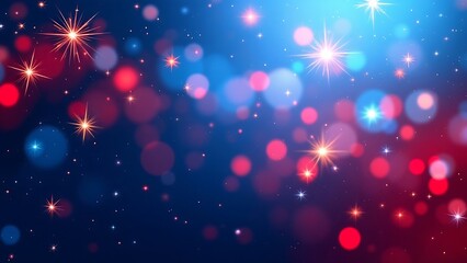 A vibrant abstract background filled with sparkling lights in red, blue, and white hues