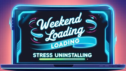 Illustration of computer screen with "Weekend Loading" and "Stress Uninstalling" for web use