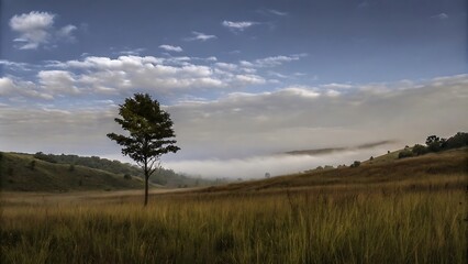 Obraz premium Beautiful landscape with tree dramatic sky fog and beautiful morning