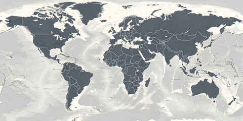 A monochromatic world map depicting continents and oceans with detailed borders, showcasing the interconnectedness of our planet.