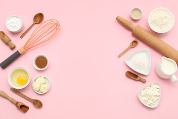 Different ingredients for preparing sweet cinnamon roll on pink background