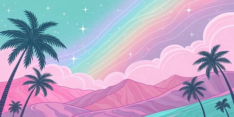 Obraz premium Pastel Paradise A dreamy landscape of pink hills, fluffy clouds, a rainbow sky, and palm trees swaying gently in the soft breeze.