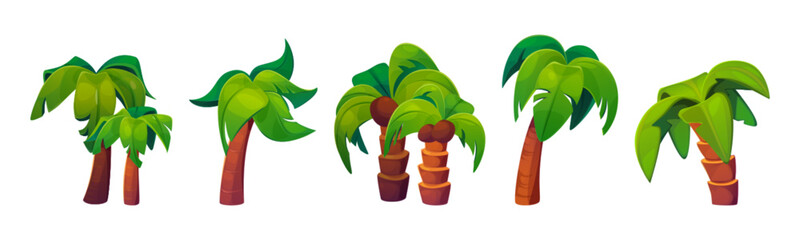 Coconut palm tree game cartoon illustration set. Tropical summer plant with green leaf and coco on branch. Jungle tropic nature for hawaii or california environment. Foliage hawaiian forest clipart © klyaksun