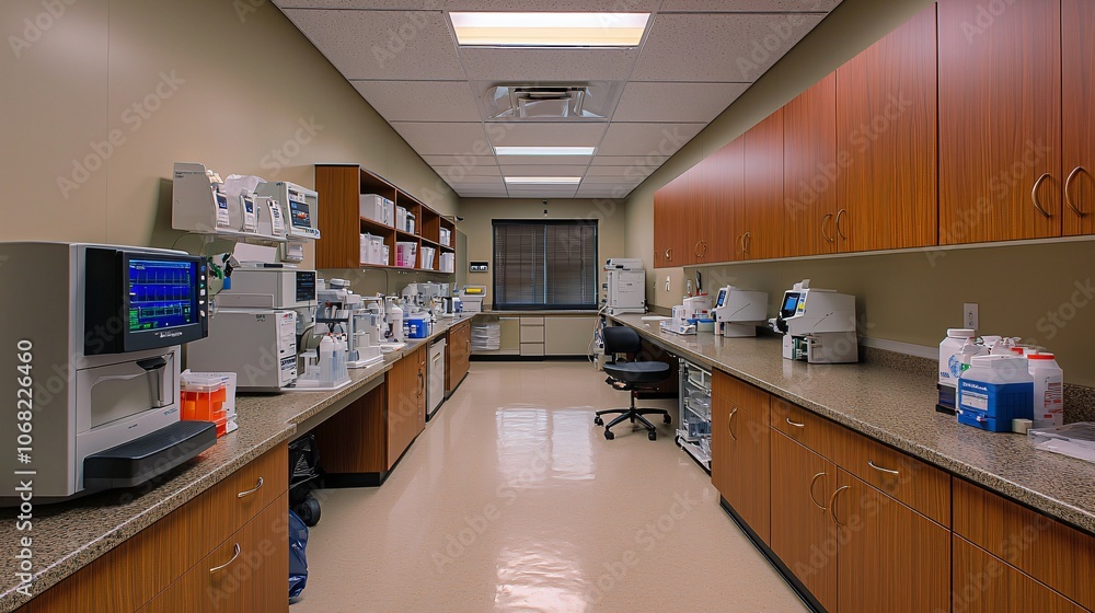 Aufkleber explore the innovative design of a modern diagnostic testing facility with advanced medical equipmen