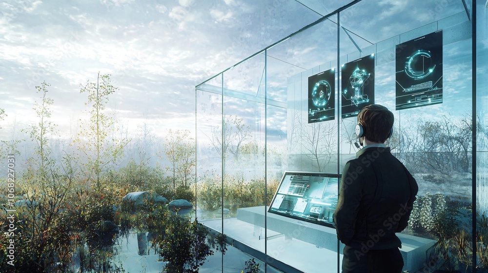 Poster explore the intersection of nature and technology in a modern environmental impact center design
