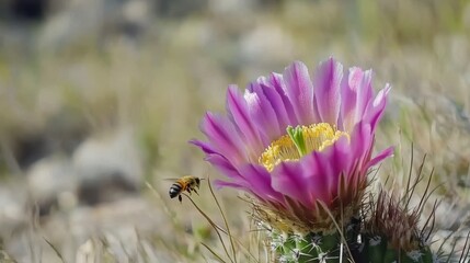 Bright Cactus Flower with Bees in Desert Landscape