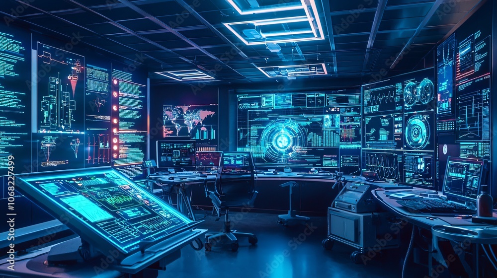 Poster explore the futuristic design of a health monitoring command center with a cyberpunk aesthetic for e