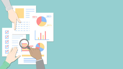 資料をチェックする様々な人の手のイラスト　書類の色はカラフル　左側バージョン