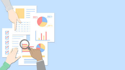 資料をチェックする様々な人の手のイラスト　書類の色はカラフル　左側バージョン