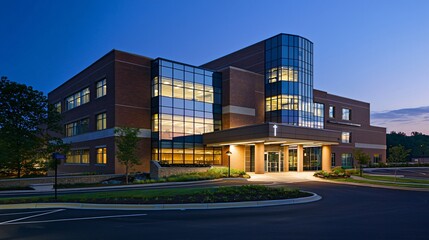 Discover the striking health screening facility illuminated by dramatic dusk light for enhanced community wellness