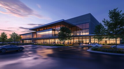 Explore the cutting-edge health screening facility in dramatic dusk light for enhanced wellness services