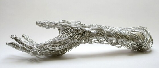 A silver hand made of wire is on a white background