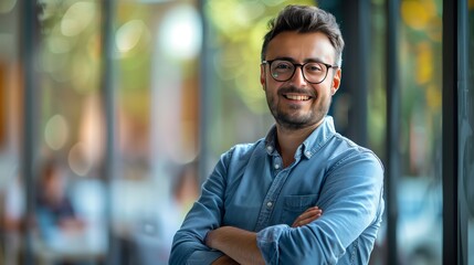 A handsome man in casual attire with glasses standing confidently, arms crossed against the backdrop of an office window, smiling at the camera