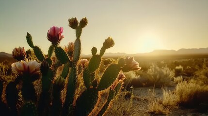 Cacti with Flowers in Expansive Desert at Golden Hour