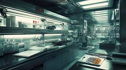 Obraz premium Explore the cutting-edge design of a modern medical research facility with advanced interior raytraced rendering techniques