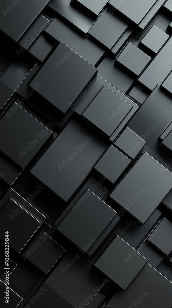 Poster dark geometric shapes overlap in a striking layout, creating an intriguing, textured visual experien