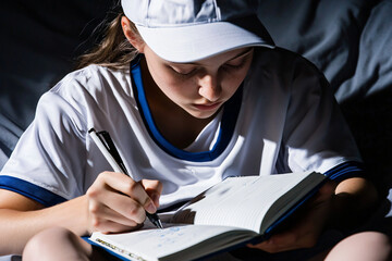 a female athlete writing in a dream journal, improving routine to enhance performance and mental clarity