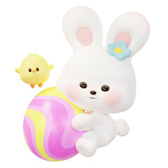 Easter rabbit hugging giant Easter egg, chick. Happy Easter day festival. Cute cartoon 3D character with spring holiday.