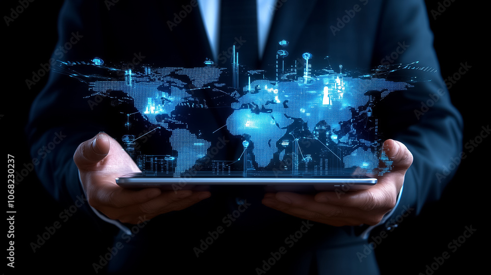 Poster a business professional showcases a tablet featuring a dynamic digital map of the world with glowing