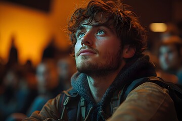 Fototapeta premium a thoughtful man sitting in an auditorium, illuminated by soft stage lights. thoughtful man in auditorium during event