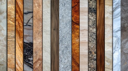 Collection of various stone and wood texture samples in different colors and patterns, perfect for interior design or material selection.