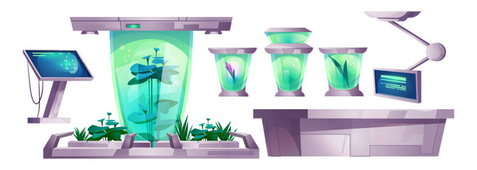 Futuristic spaceship lab interior object for game. Fantasy room inside ship station with cryogenic capsule and monitor panel for plant scientific research. Biotechnology bunker furniture design © klyaksun