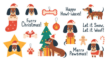 Naklejka premium Christmas Dachshund Dog Vector Set. Cute Puppy Holiday activity stickers collection. Pet illustration with traditional festive symbols accessories and phrases. Animal Xmas badges