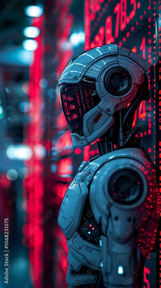 Poster a robot is standing in front of the stock trading board, displaying real-time global financial data 