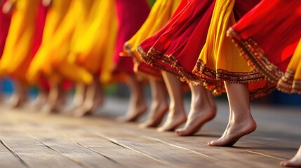 Colorful skirts twirl as dancers perform a traditional folk dance on a wooden stage, AI