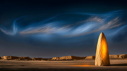 A glowing stone monolith standing tall in a barren desert landscape under a swirling sky.