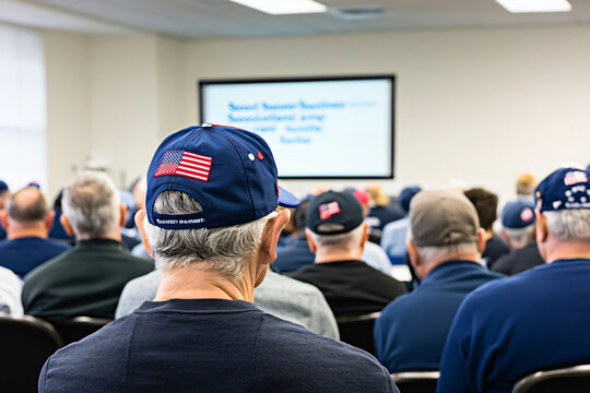 a group of veterans attentively listening to a Social Security seminar
