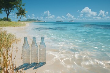 Empty Plastic Bottles on Tropical Beach Ocean View