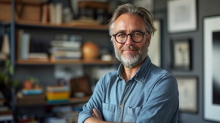 Obraz premium portrait of smiling middle aged man with glasses standing in home office
