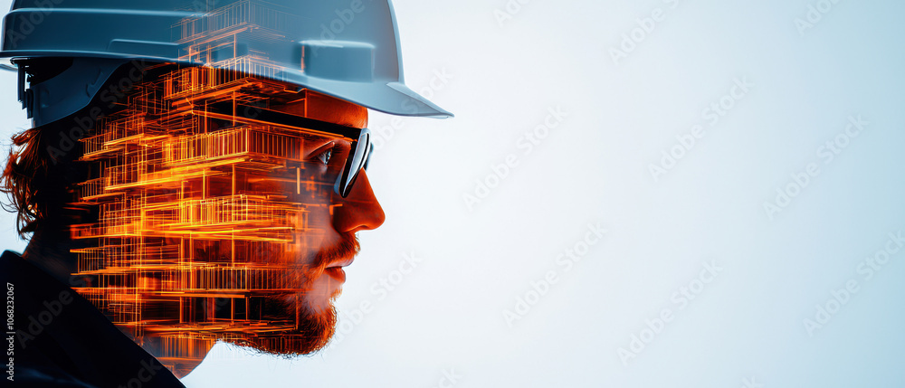 Aufkleber a profile view of a man in a hard hat, featuring a digital overlay of geometric lines and circuits, 