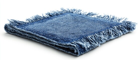 Blue denim fabric with frayed edges folded on a white background.