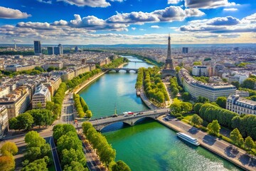 Fototapeta premium Aerial View of the Seine River on a Clear Day in Paris, Showcasing Iconic Landmarks and Lush Greenery Along the Riverbanks, Capturing the Essence of the City of Light