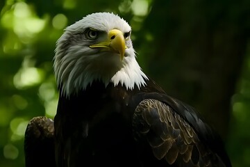 Obraz premium Majestic bald eagle with sharp gaze, perched in a forest.