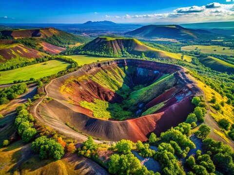 Aerial View of the Stunning Volcanic Crater in Racos, Romania Surrounded by Lush Greenery and Vibrant Landscape with a Clear Blue Sky Above, Captured by Drone Photography