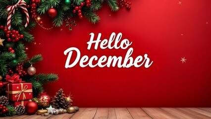 festive Christmas scene with a red background, decorated with ornaments, gifts, pine cones, and a candle, accompanied by the text "Hello December."