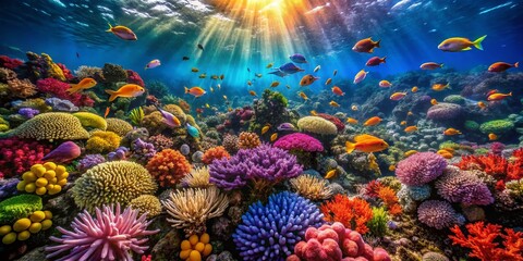 Obraz premium Aerial View of Vibrant Coral Reef Teeming with Colorful Fish and Diverse Coral Species in Crystal Clear Waters, Showcasing the Beauty of Marine Life and Ecosystems