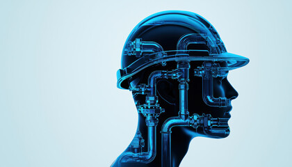 Naklejka premium A conceptual illustration of a human head with plumbing pipes, wearing a safety helmet, symbolizing the integration of technology and trades.