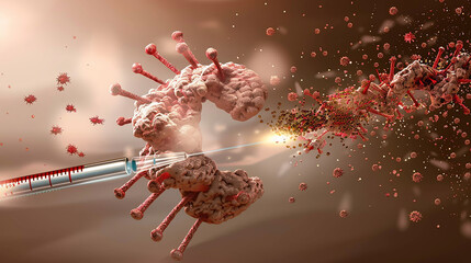 A 3D illustration of a syringe injecting a vaccine to destroy a coronavirus.